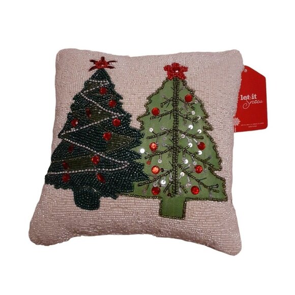 White Beaded Green Decorated Christmas Trees Festive Holiday Pillow 12x12 - Picture 3 of 16